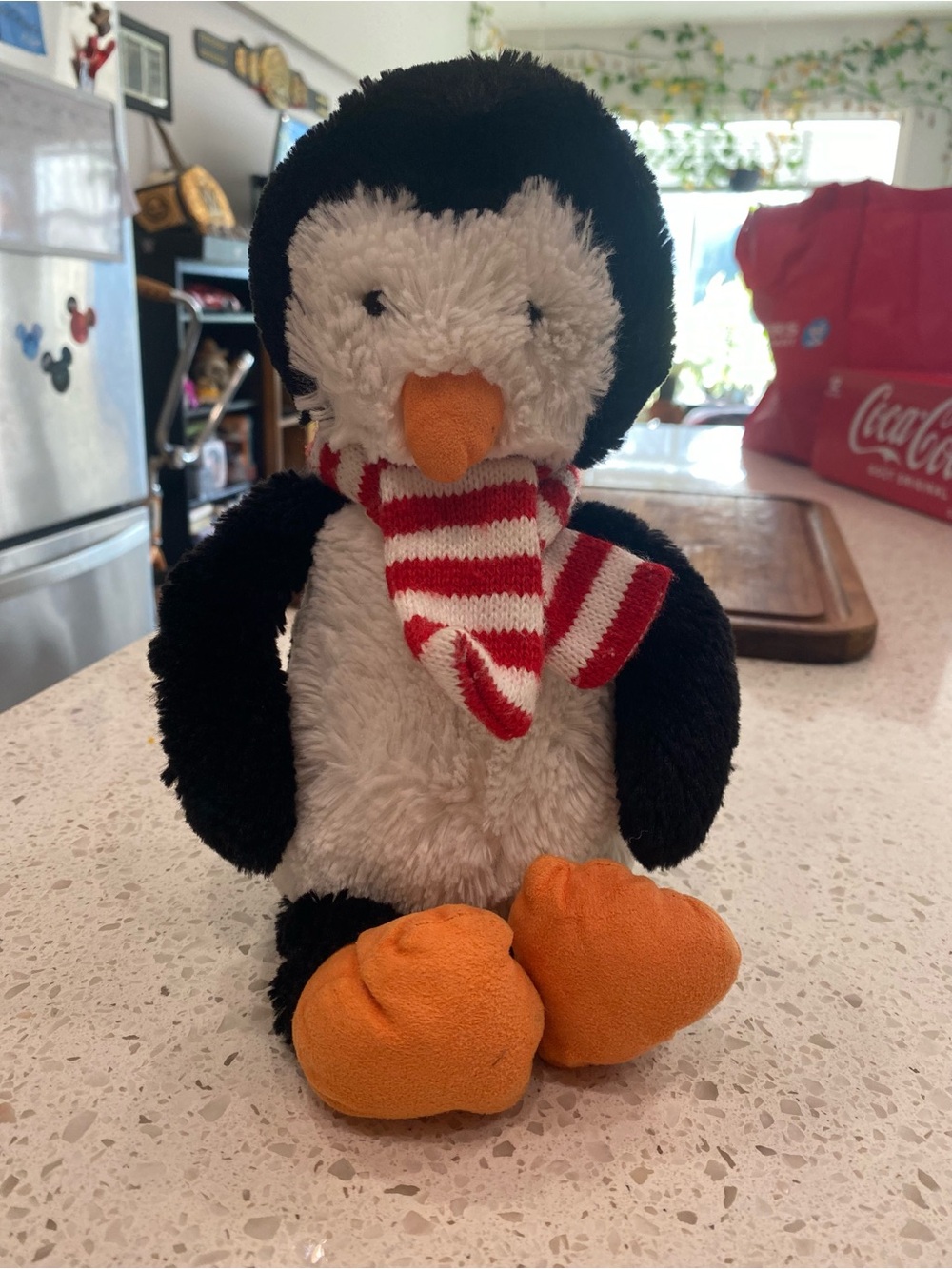 Jellycat Black & White Penguin with Red & White Striped Scarf